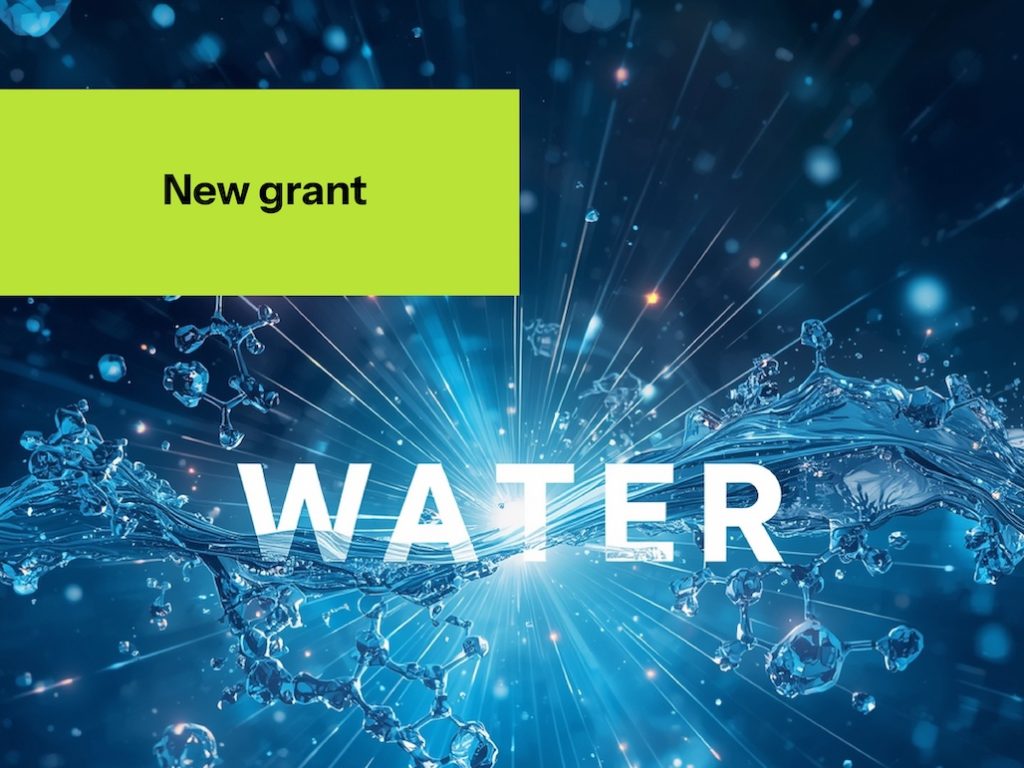 A blue background with water and molecules symbols irradiating from the center where the word WATER is written in white capital letters. An indication New grant is written on a green background on the top left.