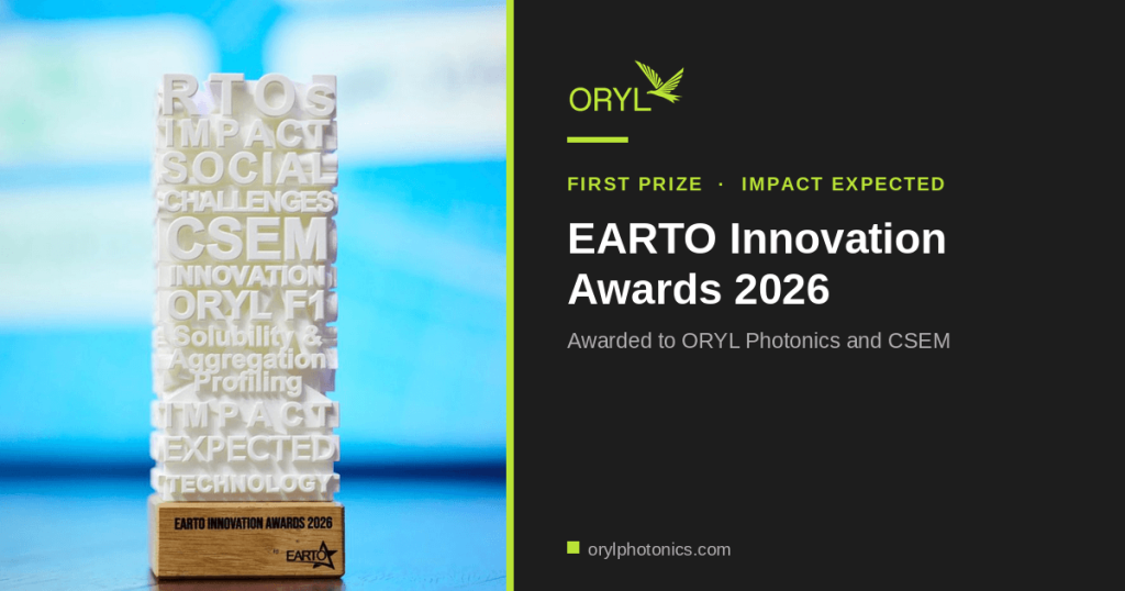 EARTO Innovation Awards 2026 trophy engraved with CSEM and ORYL F1, beside ORYL Photonics branding.
